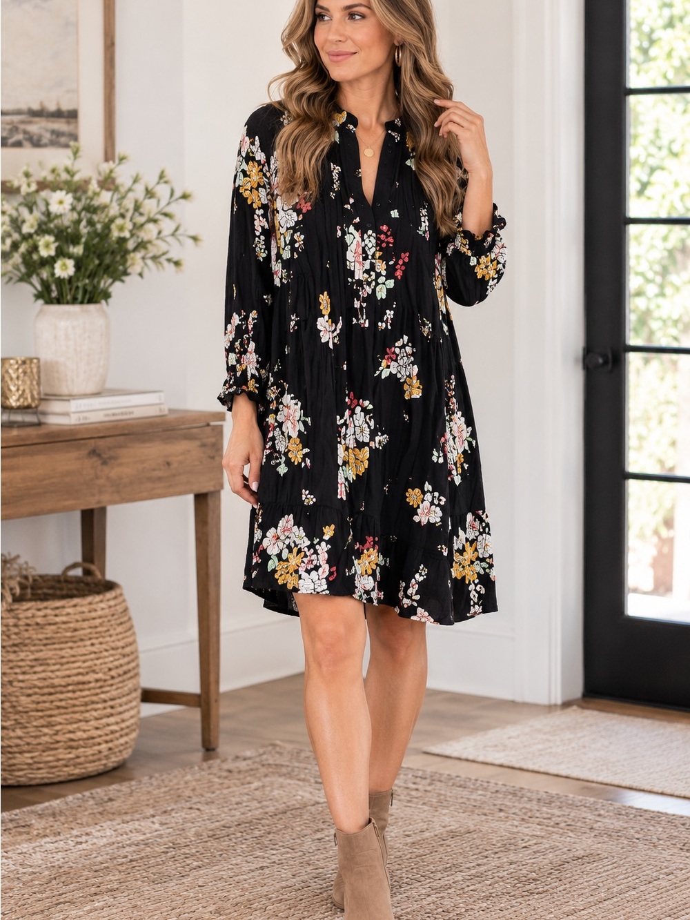 Old Navy Womens Size S Dress Black Floral Long Sleeve Pleated Boho Casual
